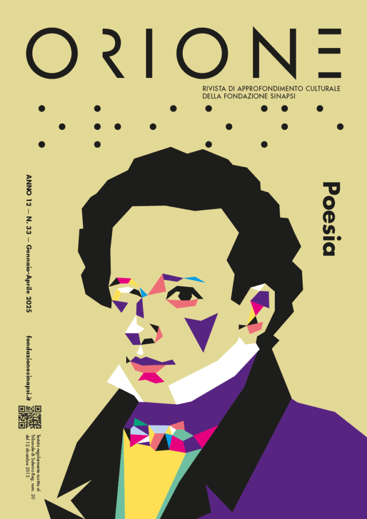 Orione 33 - Poesia - Fondazione Sinapsi - Illustrazione di copertina dal titolo “Omaggio a Giacomo Leopardi” di Bruna Pallante, Studio Motive. Viso di Giacomo Leopardi illustrato graficamente.
